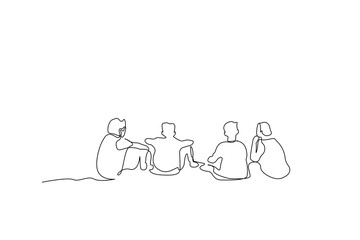 young kids boys friends sitting together outside back view relax time one line art design vector