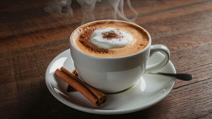 A delicious cinnamon latte topped with whipped cream and cinnamon on a rustic wooden table.