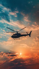 A helicopter hovers majestically against a dusk sky, its form outlined by the fading sunlight, evoking a sense of exploration.