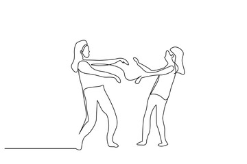 girls sisters dancing at home happy life one line art design vector