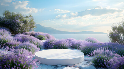 A white podium stands amidst lavender flowers in a natural landscape