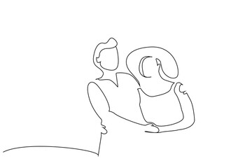 old mature lovers couple vacation summertime hug happy life retirement one line art design vector