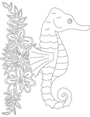 Seahorse and A Floral Vine Coloring Page. Printable Coloring Worksheet for Adults and Kids. Educational Resources for School and Preschool.