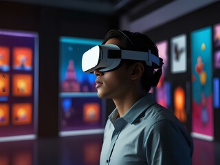 photo of an individual wearing sleek, futuristic white and black VR glasses