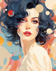 Portrait of a beautiful woman in minimal flat abstract memphis illustration, pastel blue and orange