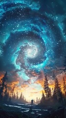 Star-Filled Night Sky. Surreal night sky with the Milky Way's radiant colors casting a celestial glow over a silent.