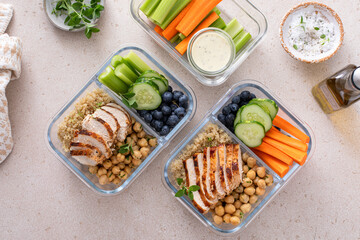 Healthy meal prep containers on kitchen counter