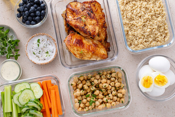 Healthy meal prep containers on kitchen counter