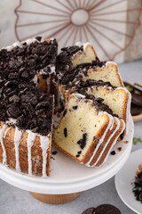 Chocolate sandwich cookie bundt cake on display