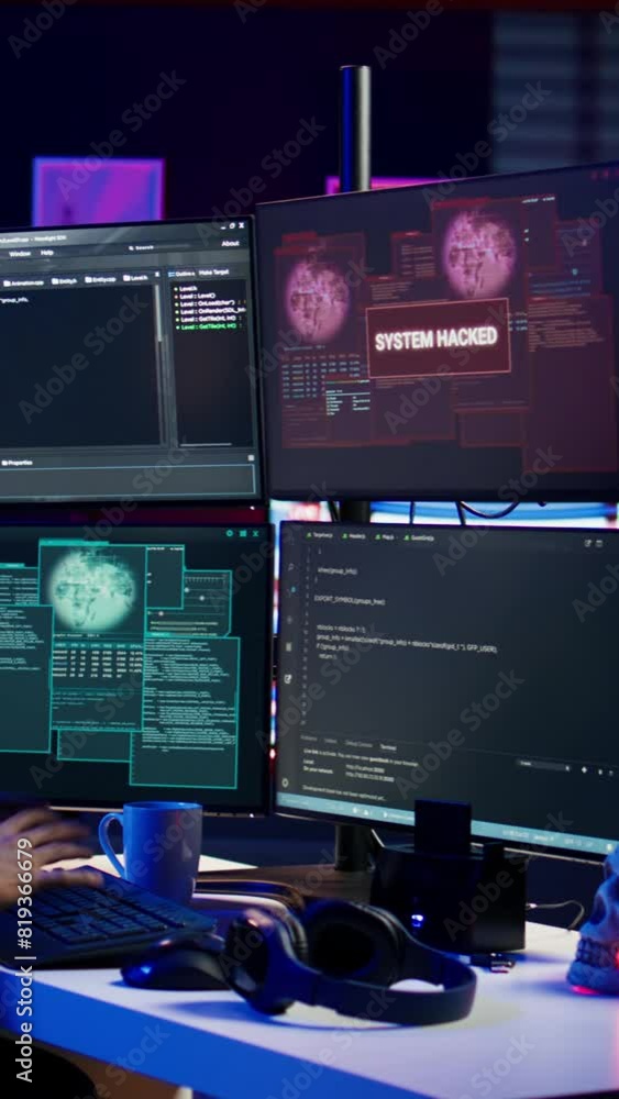 Poster vertical video hacker getting angry after failing to successfully develop spyware software stealing 