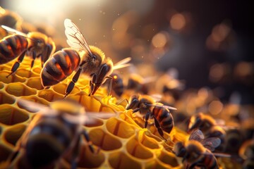 Buzzing bounty - bees hive honey jar honeycomb - indulging in the sweet rewards of nature's labor, from bees' bustling hive to delicious honey jar, brimming with golden goodness.