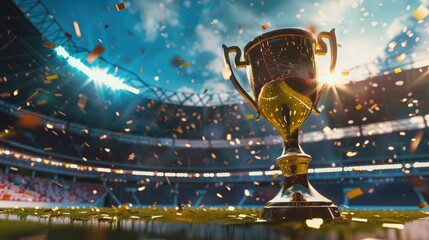 Magnificent winner cup in the stadium, theme of victory, competition. Generative AI realistic