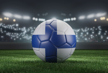 Soccer ball in flag colors on a bright blurred stadium background. Finland. 3D image
