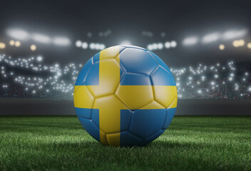 Naklejka premium Soccer ball in flag colors on a bright blurred stadium background. Sweden. 3D image