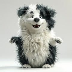 Chubby cute furry border collie with belly and funny expression, standing on two hind legs, 3d figure, two forelegs in front, white background,