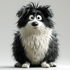 Chubby cute furry border collie with belly and funny expression, standing on two hind legs, 3d figure, two forelegs in front, white background,