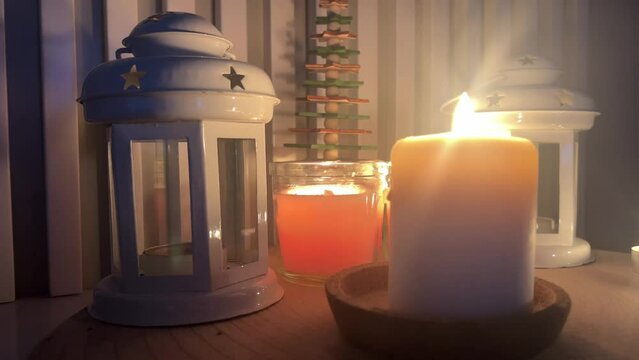 candles on white background with new year decoration.