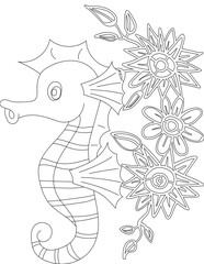 Seahorse and A Floral Vine Coloring Page. Printable Coloring Worksheet for Adults and Kids. Educational Resources for School and Preschool.