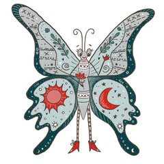 Butterfly stylized decorative illustration, humanized butterfly with flowers in hand, wearing striped stockings and shoes, with ornament on wings
