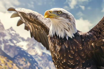 Obraz premium Bald eagle flying in late evening light in Alaska.
