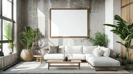 Mock up poster frame in a modern Art Deco style living room interior, 3D render, 3D illustration.