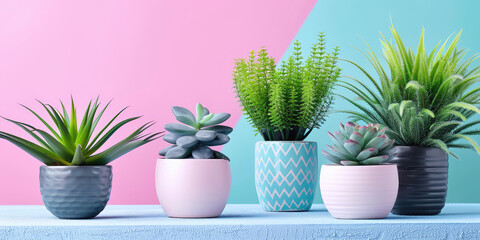 Different cute houseplants with leaves on colored background with copy space.