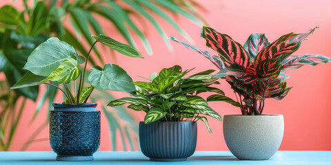 Different cute houseplants with leaves on colored background with copy space.