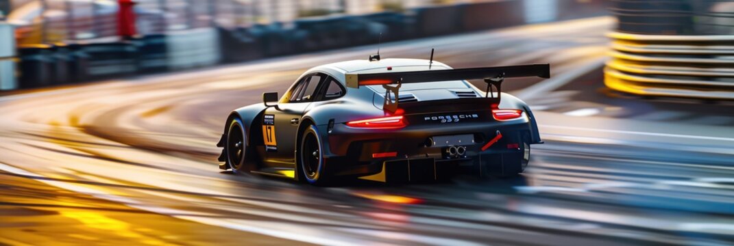 GT3 Super car racing on the circuit track while driving at high speed and accelerating at full power AIG44