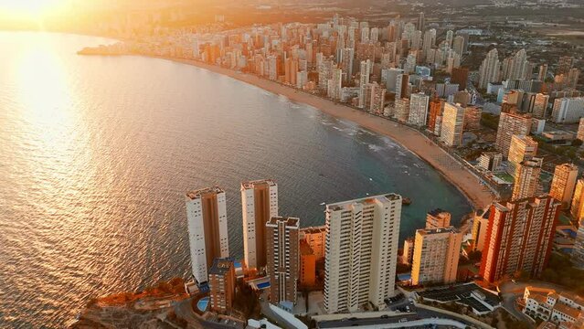 Aerial view of the Benidorm cityscape at sunset, Costa Blanca, Spain