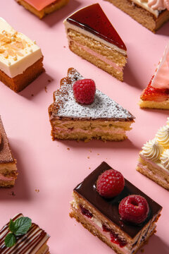 Different pieces of cake. An assortment of delicious sweet cake slices on colored background with copy space.