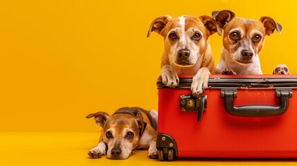 funny brown labrador retriever sitting in open red suitcase and Jack Russell Terrier laying near on...