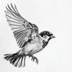 House Sparrow Bird Pencil Sketch Hand Drawn Black and White Depiction of Passer Domesticus on a Blank White Background