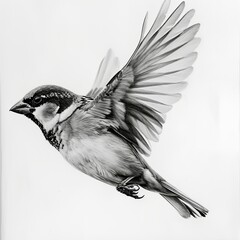 House Sparrow Bird Pencil Sketch Hand Drawn Black and White Depiction of Passer Domesticus on a Blank White Background