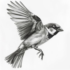 House Sparrow Bird Pencil Sketch Hand Drawn Black and White Depiction of Passer Domesticus on a Blank White Background