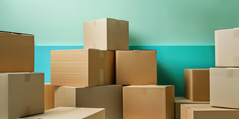 Сraft cardboard packaging boxes on colored background with copy space.