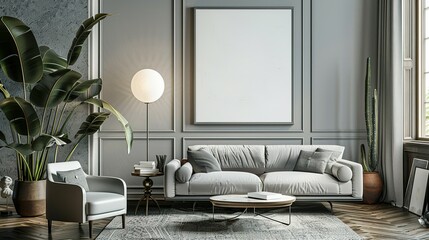 Mock up poster frame in a modern Art Deco style living room interior, 3D render, 3D illustration.