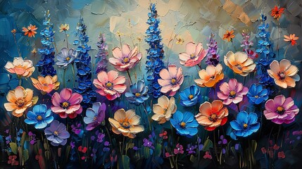 Colorful luminous flowers, hyacinths, irises, lavender, oil painting style, light tones, light tones, abstract painting clear oil brush touch