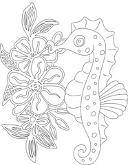 Seahorse and A Floral Vine Coloring Page. Printable Coloring Worksheet for Adults and Kids. Educational Resources for School and Preschool.