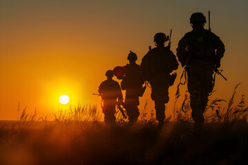 powerful image of soldiers' silhouettes against the warm glow of the setting sun, serving as a poignant reminder of the sacrifices made for freedom on Veterans Day,