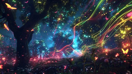A virtual forest ablaze with neon fireflies flitting among the branches, their bioluminescent trails painting the night sky with streaks of color.