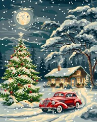 red car near decorated Christmas tree and snowy house.