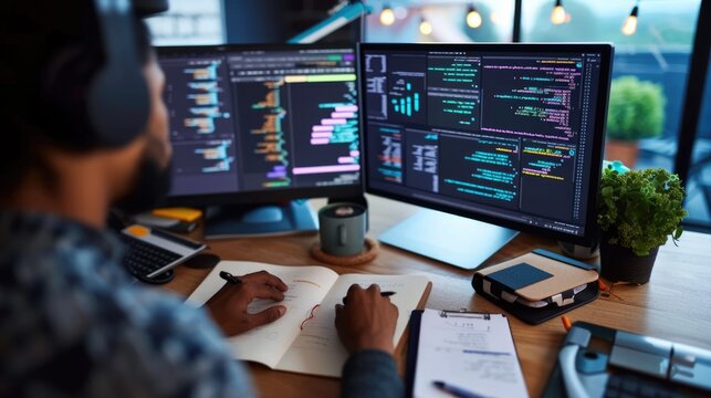 A focused software developer codes on a dual monitor setup in a modern office environment with a minimalist aesthetic. AIG41
