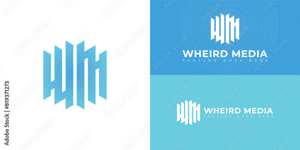 Poster abstract initial hexagon letter wm or mw logo in gradient blue color isolated on multiple background