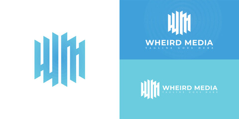 Abstract initial hexagon letter WM or MW logo in gradient blue color isolated on multiple background colors. The logo is suitable for media production company logo design inspiration templates.