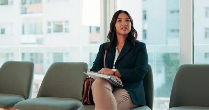 Woman, office and appointment or interview and waiting, start up and new job opportunity for Asian person. Schedule, nervous and resume or file for hiring, chair and employment for consultation