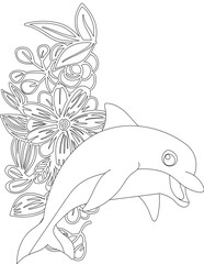Dolphin and A Floral Vine Coloring Page. Printable Coloring Worksheet for Adults and Kids. Educational Resources for School and Preschool.