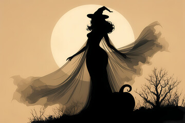 Enter a spooky illustration where a Halloween witch stands, silhouetted against an eerie backlight, adding an air of mystery and enchantment