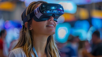A promotional model at a trade show, interacting with attendees and demonstrating tech gadgets