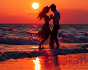 A silhouette of a couple dancing on a beach at sunset, with waves gently lapping at their feet