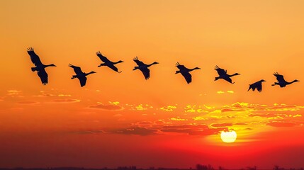 Obraz premium A silhouette of a group of birds flying in a Vformation against a bright orange evening sky
